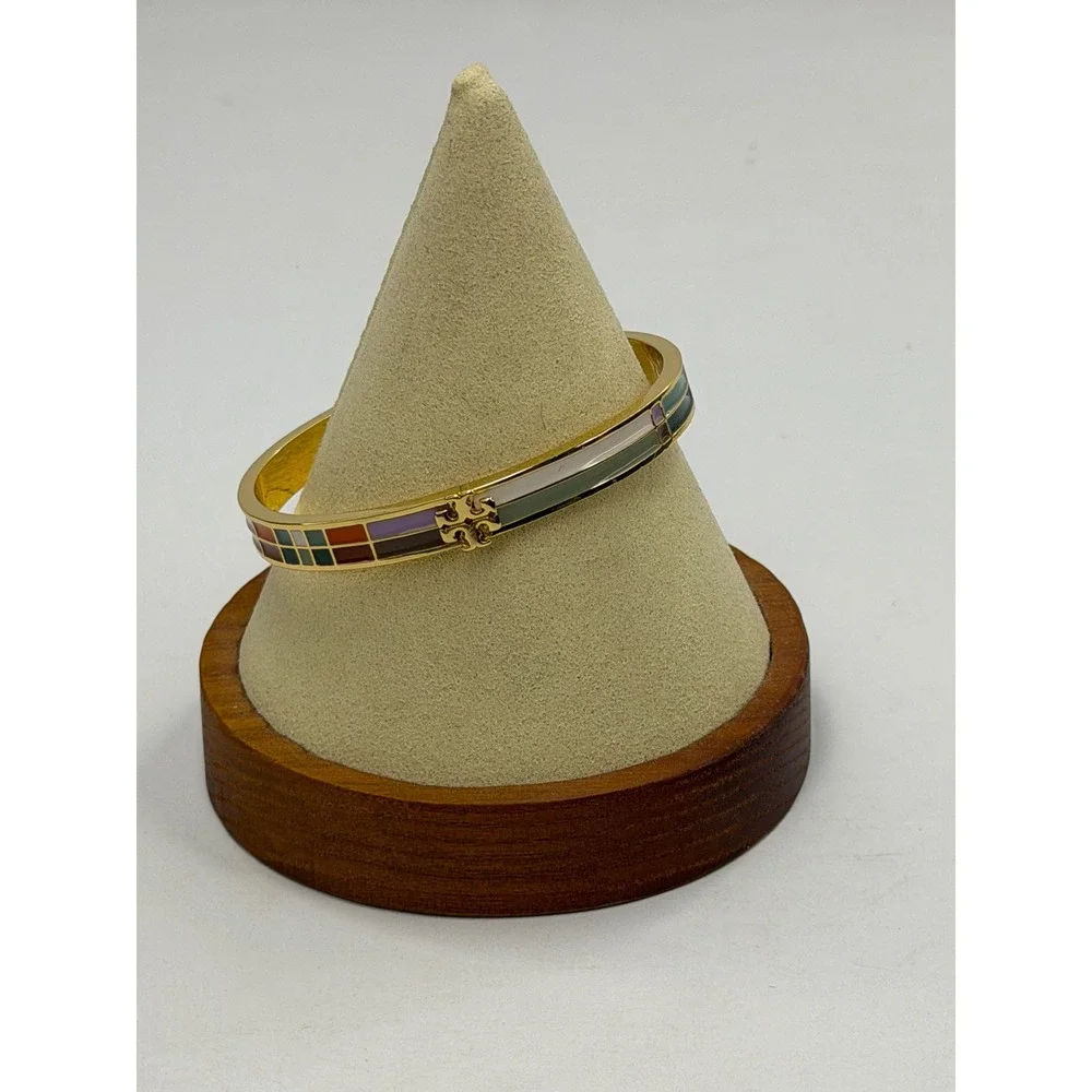 Tory Burch Kira Multi Color Enamel Gold Tone Bangle Bracelet 6.25 Inch Logo NWT